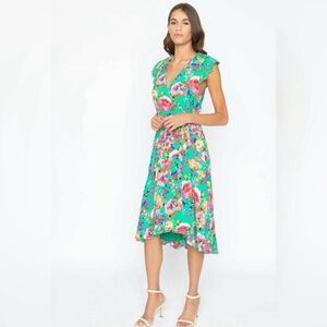 Pink and Green High Low Wrap Sundress with Flutter Sleeves